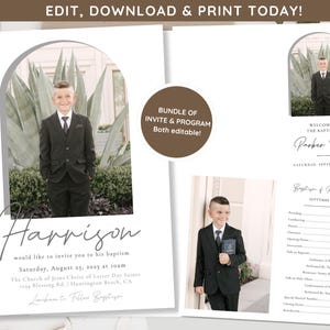 May include: Editable baptism invitation and program template with a photo of a boy in a suit. The invitation features a gray arch with the boy's name "Harrison" in cursive script. The program features a photo of a boy in a suit with the text "Welcome to the Baptism of Parker Davis" and a list of the ceremony's events.
