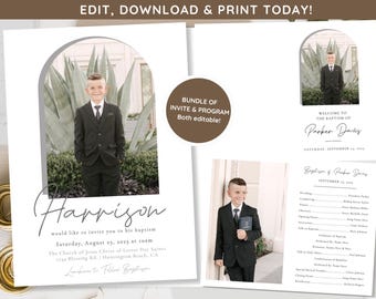 May include: Editable baptism invitation and program template with a photo of a boy in a suit. The invitation features a gray arch with the boy's name "Harrison" in cursive script. The program features a photo of a boy in a suit with the text "Welcome to the Baptism of Parker Davis" and a list of the ceremony's events.