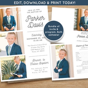 Pode incluir: Um convite e um programa imprimíveis para um batismo. O convite apresenta uma foto de um menino pequeno com um terno azul e uma camisa branca com gravata. O programa apresenta uma foto do menino com um terno azul e uma camisa branca com gravata. O texto do convite diz "Join us for the baptism of Parker Davis" e o texto do programa diz "Baptism of Parker Davis".