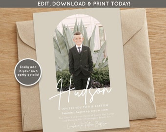May include: A beige invitation card with a photo of a boy in a suit standing in front of a green plant. The text on the card reads "Hudson invites you to his baptism Saturday, August 25, 2023 at 10am The Church of Jesus Christ of Latter Day Saints 1212 Blessing Rd. Huntington Beach, CA Luncheon to Follow Baptism."