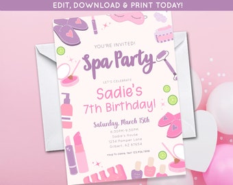 May include: A pink and purple spa party invitation with a cartoon illustration of a face mask, slippers, and other spa items. The text reads "You're Invited! Spa Party Let's Celebrate Sadie's 7th Birthday! Saturday, March 15th 6:30PM-9:30PM Sadie's House 1234 Pamper Lane Gilbert, AZ 87654 rsvp to claire, Text 123.456.7890"