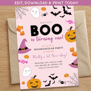 Girl Pumpkin First Birthday Invite | Fall Pumpkin Birthday Party Invite | Our Little boo is One | Halloween Birthday Invite Digital Download