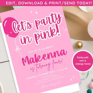 Pink Party Invite | Let&#39;s Party in Pink Invite | Girls Birthday Party Digital Download | Party in pink Party Invite | Pink Birthday Party