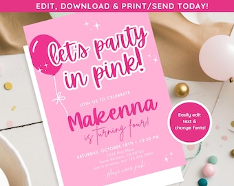 Pink Party Invite | Let&#39;s Party in Pink Invite | Girls Birthday Party Digital Download | Party in pink Party Invite | Pink Birthday Party
