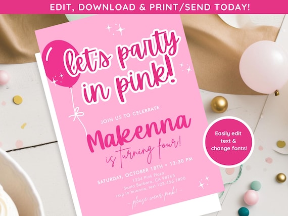 Pink Party Invite | Let's Party in Pink Invite | Girls Birthday Party Digital Download | Party in pink Party Invite | Pink Birthday Party