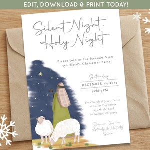 May include: A Christmas party invitation with a blue and white starry night sky background. The invitation features a shepherd and two sheep in the foreground. The text reads "Silent Night. Holy Night. Please join us for Meadow View 3rd Ward's Christmas Party. Saturday. December 12, 2023. 5PM-7PM. The Church of Jesus Christ of Latter Day Saints. 1234 Maple Road. St. George, UT 98765. Dinner. Service. Activity & Nativity Scene."