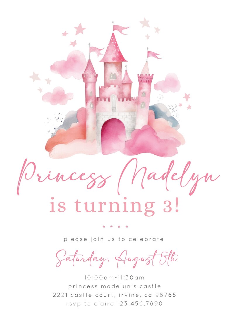 Princess Birthday Invite | Princess Party | Girls Third Birthday Party Digital Download | Magical Party Invite | Princess Castle Invite image 7