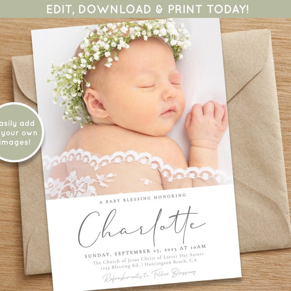 LDS Baby Blessing Invitation Girl | Christening Invitation Template | Editable Baptism Invite | LDS Blessing Announcement | Mormon Blessing