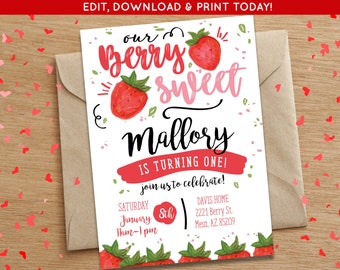 Berry First Birthday Invite | Strawberry Birthday Party Invite | Strawberry Invite | Berry Sweet Birthday Invite | Editable Digital Download
