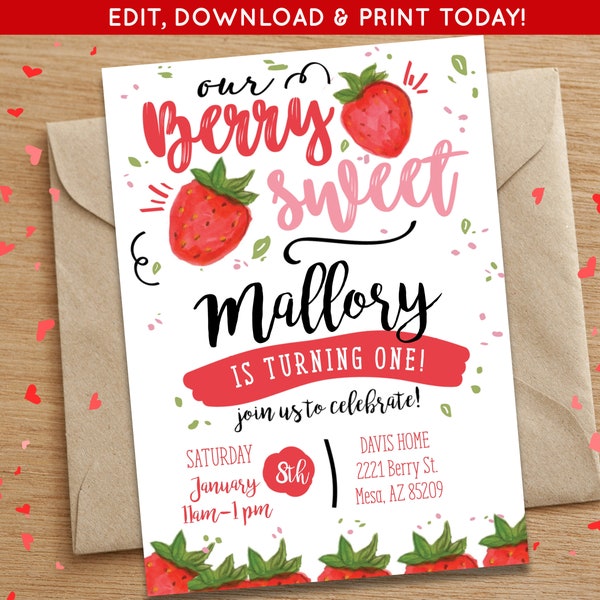 Berry First Birthday Invite | Strawberry Birthday Party Invite | Strawberry Invite | Berry Sweet Birthday Invite | Editable Digital Download