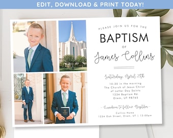 May include: A baptism invitation featuring a photograph of a young boy wearing a blue suit. The invitation reads "Please join us for the Baptism of James Collins" and provides details about the event, including the date, time, and location.