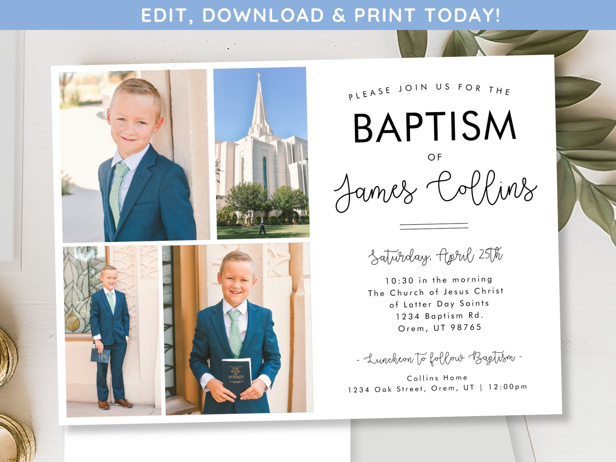 LDS Baptism Invitation Boy Baptism Invitation Template Editable 