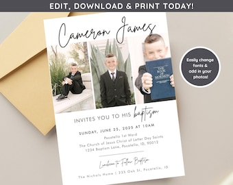 May include: A white baptism invitation with a photo collage of a young boy in a suit. The invitation includes the boy's name, "Cameron James", the date and time of the baptism, and the location. The text "INVITES YOU TO HIS baptism" is written in a cursive font.