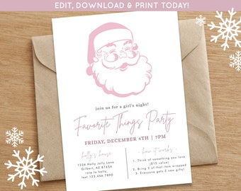 May include: Pink and white Christmas party invitation with a cartoon Santa Claus illustration. The invitation says "Join us for a girl's night! Favorite Things Party" and includes the date and time: "Friday, December 4th | 7PM". The invitation also includes the address and contact information for the host.
