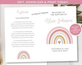 LDS Baptism Program Girl | Rainbow Baptism Program Editable Hymn Lyrics | Baptism Template LDS Baptism Announcement | Mormon Baptism Program