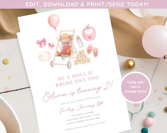 Pink Baby Doll Birthday Party Invitation | Dolly and Me Party | Baby Doll Party | Baby Doll Brunch | Be A Doll Invite | Editable Download