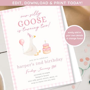 Silly Goose 2nd Birthday Invitation | Girls Birthday Invite | Farm Animal Birthday | Second Birthday Goose Invite Editable Digital Download