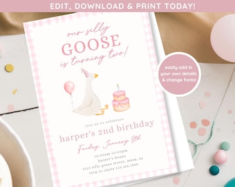 Può includere: Invito di compleanno gingham rosa e bianco con un'oca dei cartoni animati che indossa un cappello da festa e tiene un palloncino. Il testo recita "our silly GOOSE is turning two!" e "harper's 2nd birthday".