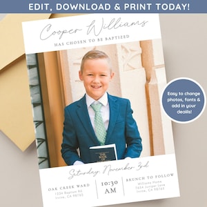 May include: A white card with a blue border announcing a baptism for Cooper Williams. The card features a photo of a young boy in a blue suit and tie holding a book. The card includes the date, time, and location of the event.