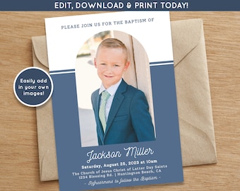 May include: A blue and white baptism invitation with a photo of a boy in a suit. The invitation says "Please join us for the baptism of Jackson Miller" and includes the date, time, and location of the event.