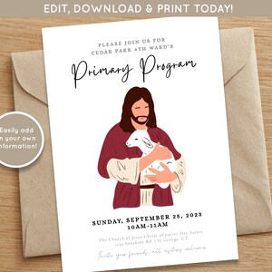 May include: A printable invitation for a Primary Program at Cedar Park 4th Ward's Church of Jesus Christ of Latter Day Saints. The invitation features an illustration of Jesus holding a lamb. The event is scheduled for Sunday, September 25, 2023, from 10:00 AM to 11:00 AM at 1214 Sunshine Rd., St. George, UT.