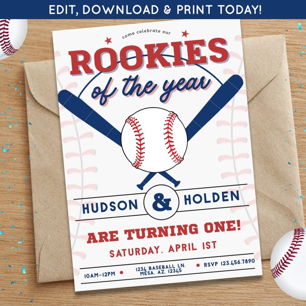 Twins Baseball Birthday Invite First Birthday Rookie of the Year Invite