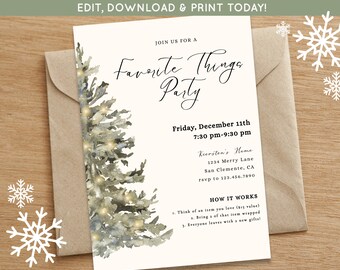 May include: A white invitation card with a watercolor illustration of a Christmas tree with lights. The text on the card reads "Join us for a Favorite Things Party" and includes details about the event, including the date, time, location, and RSVP information. The card also includes instructions on how the party works, which involves bringing a wrapped gift.