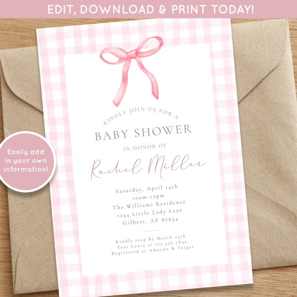 Pink Gingham Baby Shower Invite | Pink Bow Baby Shower Invite | Classic Pink Baby Shower Invite | Pink gingham bow Editable Digital Download