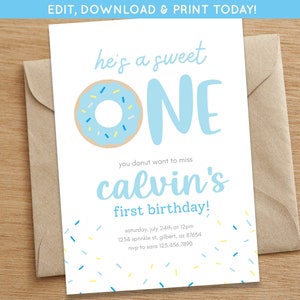 Donut Birthday Party | Boys First Birthday Party | Sweet One Donut Party Invite | Editable Digital Download Donut Invite Donut Themed Party