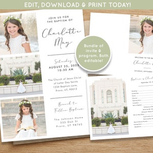 May include: A white and green printable baptism invitation and program template with a photo of a young girl in a white dress. The text on the invitation reads "Join us for the baptism of Charlotte May" and includes the date, time, and location of the event. The program includes a list of the order of events for the baptism ceremony.