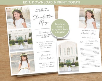 May include: A white and green printable baptism invitation and program template with a photo of a young girl in a white dress. The text on the invitation reads "Join us for the baptism of Charlotte May" and includes the date, time, and location of the event. The program includes a list of the order of events for the baptism ceremony.