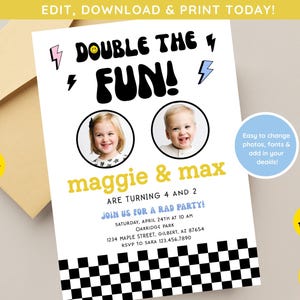 Fête d'anniversaire de jumeaux garçon fille | Invitation de fête d'anniversaire combinée | Fête d'anniversaire pour frères et sœurs | Une fête d'anniversaire double | Soirée damier