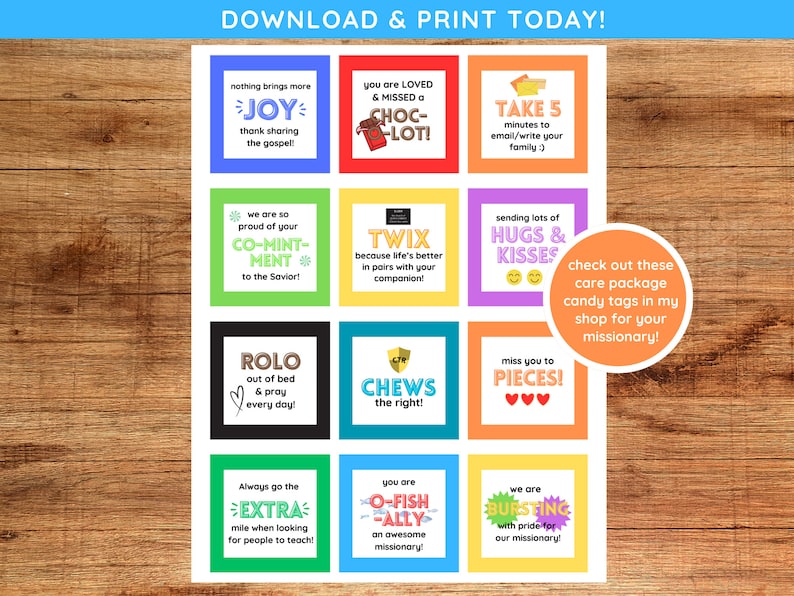 May include: A set of printable candy bar tags with fun sayings for missionaries. The tags feature various candy bar names like Twix, Rolo, and Chews. The tags are designed to be printed and attached to candy bars as a fun and encouraging gift for missionaries.