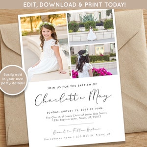 LDS Baptism Invitation Girl | Baptism Invitation Editable | Minimal Baptism Invitation Template | LDS Baptism Announcement | Mormon Baptism