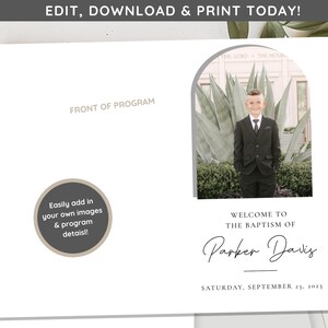 May include: A white card with a gray circle that says "Easily add in your own images & program details!" and a photo of a young boy in a suit standing in front of a building with the text "WELCOME TO THE BAPTISM OF Parker Davis SATURDAY, SEPTEMBER 23, 2023".