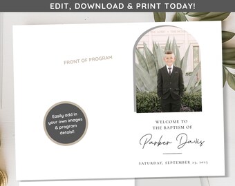 Puede incluir: Una tarjeta blanca con un círculo gris que dice "Easily add in your own images & program details!" y una foto de un niño pequeño con traje de pie frente a un edificio con el texto "WELCOME TO THE BAPTISM OF Parker Davis SATURDAY, SEPTEMBER 23, 2023".