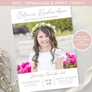 Op de afbeelding: Doopuitnodiging met een foto van een meisje met een bloemenkrans en witte jurk. De uitnodiging bevat de naam "Olivia Richardson" en evenementdetails. Bovenin staat de tekst "EDIT, DOWNLOAD & PRINT TODAY!"