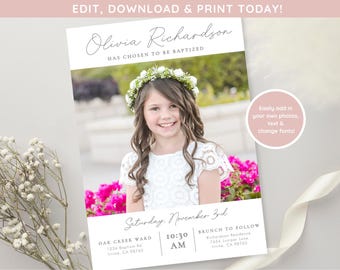 LDS Baptism Invitation Girl | Baptism Invitation Template | Editable Baptism Invitation Template | LDS Baptism Announcement | Mormon Baptism