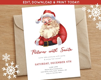 Pode incluir: Um convite de Natal com uma ilustração em aquarela do Papai Noel piscando. O texto do convite diz "Pictures with Santa" e inclui detalhes do evento: data, hora e local. O convite está em papel branco com um envelope marrom.