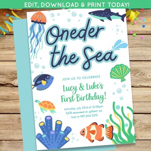 Oneder the sea Birthday Invite First Birthday Party | Twins Birthday Invite, Ocean Twins Boy Girl Birthday Invite, Digital Invite Template
