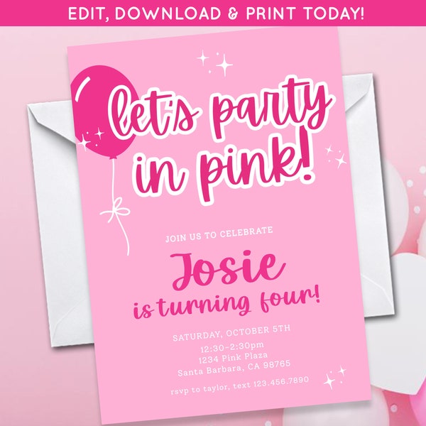 Invitation à une fête rose | Faisons la fête en rose Invite | Invitation de téléchargement numérique de fête d’anniversaire de filles | Fête en rose Invitation à une fête