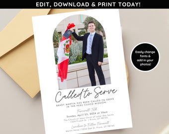 May include: White invitation card featuring a photo of a person holding a Peruvian flag and a book. The card includes the text "Called to Serve" and event details. The top text reads "EDIT, DOWNLOAD & PRINT TODAY!"
