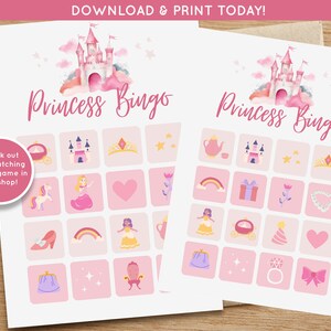 May include: Two pink and white princess bingo cards with a pink castle illustration at the top. The cards have a variety of princess-themed images, including a crown, a carriage, a rainbow, a heart, a castle, a unicorn, a princess, a tiara, a teacup, a gift, a flower, a necklace, a purse, a chair, a shoe, a party hat, and stars.