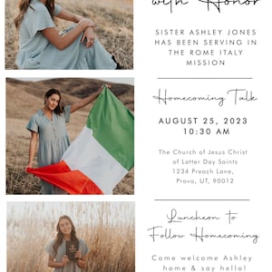 May include: A woman in a blue dress holds an Italian flag. The text reads "Returning with Honor" and includes information about a homecoming talk and luncheon. The event will be held at The Church of Jesus Christ of Latter-day Saints on August 25, 2023 at 10:30 AM. The luncheon will be held at The Jones Residence at 235 Oak St, Provo, UT 98765.
