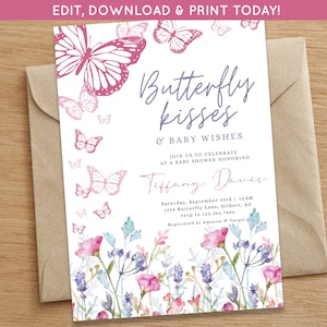 Butterfly Kisses Baby Shower Invite | Butterfly Fairy Baby Shower Invite | Baby Wishes Baby Shower Invite | Customizable Digital Download