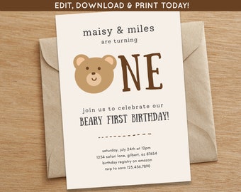 Beary First Birthday Invitation | Twins Beary First Birthday Invite | Boy Girl Twins Birthday Party | Digital Download Customizable Invite