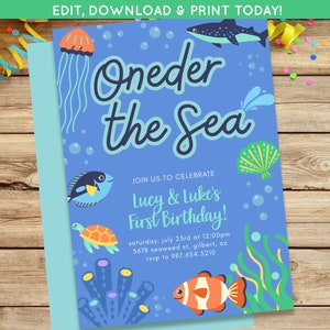 Oneder the sea Birthday Invite First Birthday Party | Twins Birthday Invite, Ocean Twins Boy Girl Birthday Invite, Digital Invite Template
