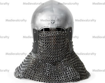 16 Gauge Medieval Grill Face Helmet With Upper Cross Medieval Extreme Combat Helmet Fully Wearable Knight Helmet With Riveted Chainmail