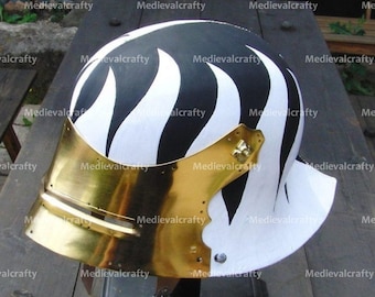 18 Gauge Medieval German Painted Helmet With Brass Plated Visor Medieval Viking Heavy Tournaments Helmet German Sallet Armor Hemet Handmade