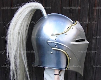 18 Gauge Fantasy Viking Helmet With White Plume Medieval Bacinet Visor Helmet Viking Functional Helmet With Detachable Visor Knight Helmet